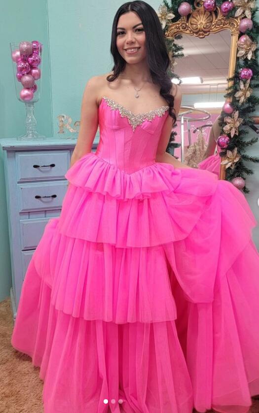 Strapless Long Prom Dress with with Beaded Neckline and Ruffle Tulle Skirt