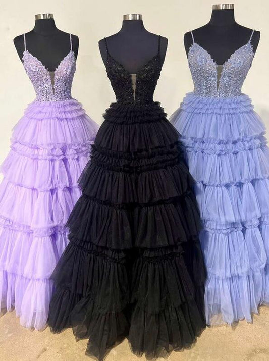 Straps Ball Gown Prom Dress with Lace Corset Bodice and Ruffle Skirt