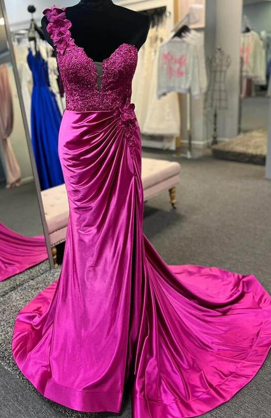 One Shoulder Satin Mermaid Long Prom Dress with Lace Top