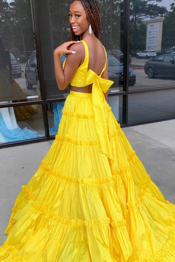 V-neck Two Piece Long Prom Dress with Ruffle Skirt