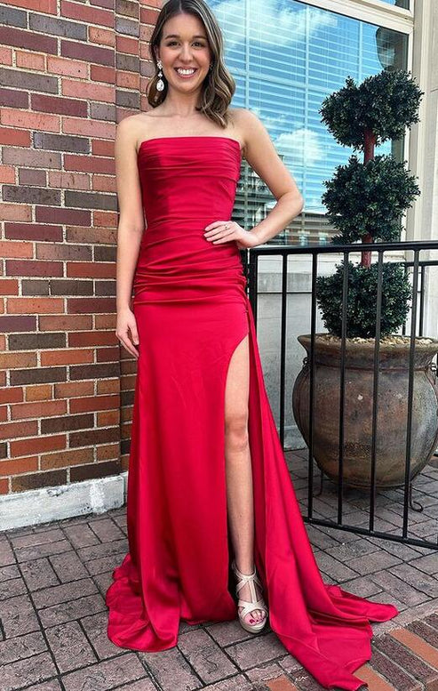 Red Prom Dresses Mermaid Strapless Ruched High Splited Prom Dress With Train