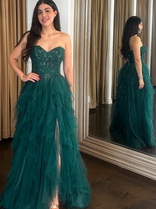 Strapless A-line Tulle Long Prom Dress with Lace and Beading Top