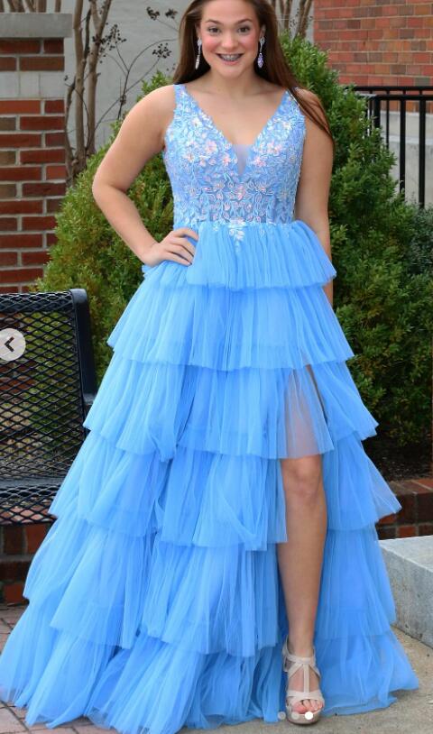 V-neck Tulle Long Prom Dress with Lace-top and Ruffle Skirt