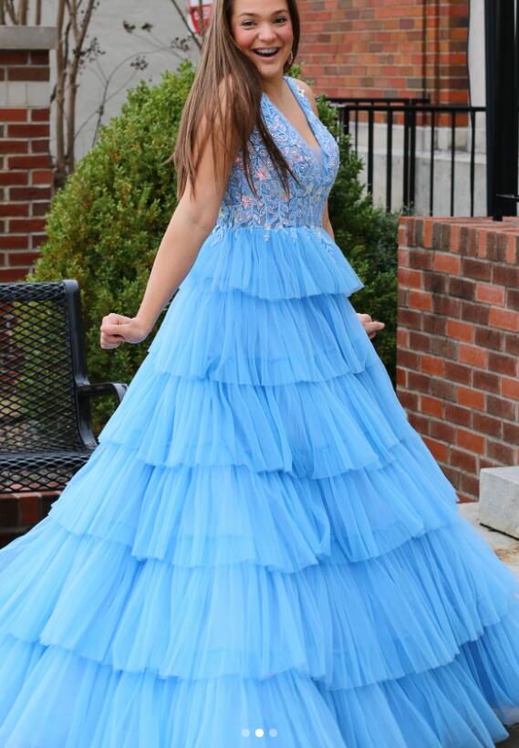 V-neck Tulle Long Prom Dress with Lace-top and Ruffle Skirt