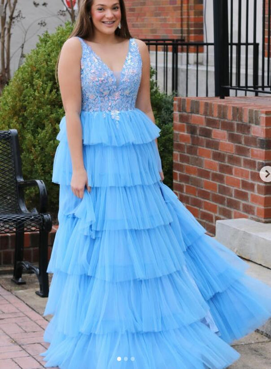 V-neck Tulle Long Prom Dress with Lace-top and Ruffle Skirt