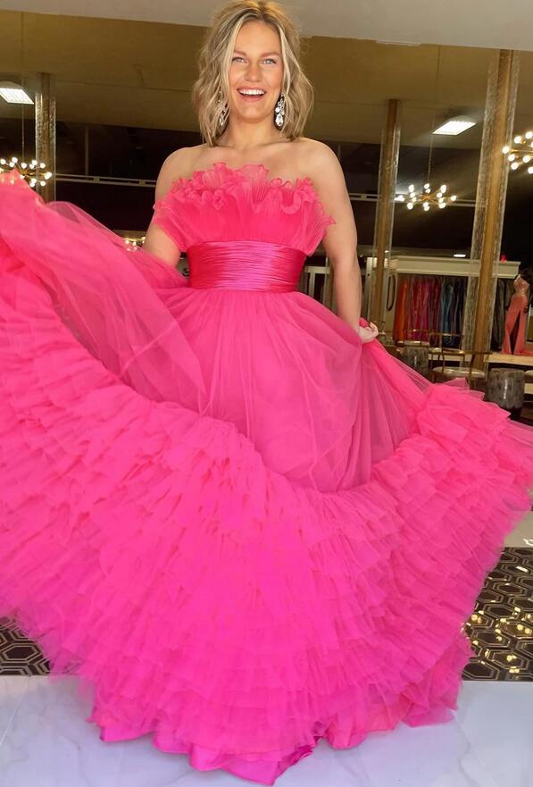 Strapless Red Long Prom Dress with Ruffle Tiered Neck and Ruffle Skirt