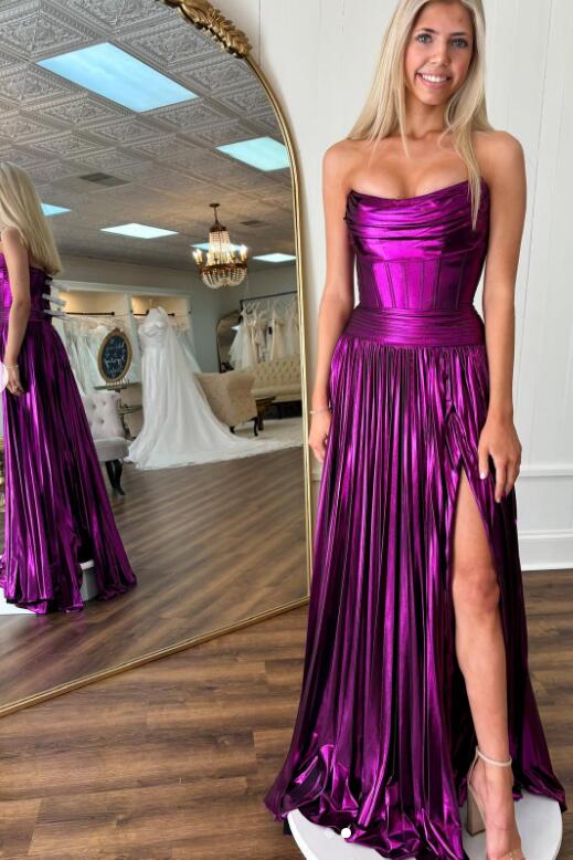 Strapless Satin Long Prom Dress with Slit