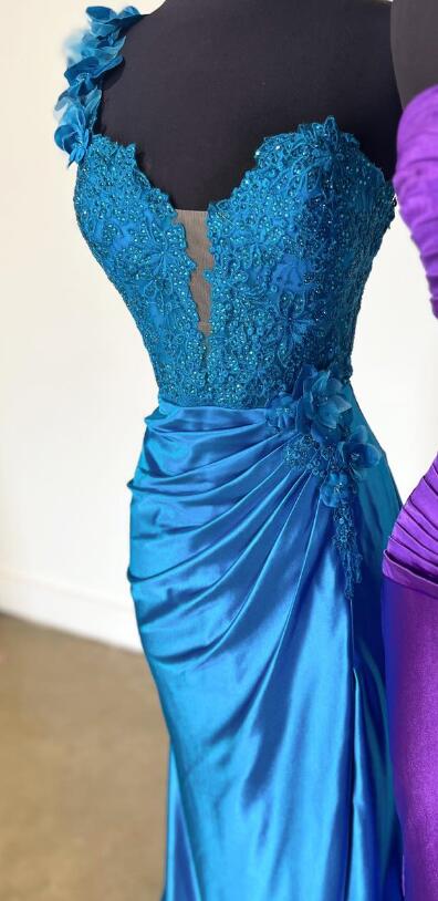 One Shoulder Satin Mermaid Long Prom Dress with Lace Top