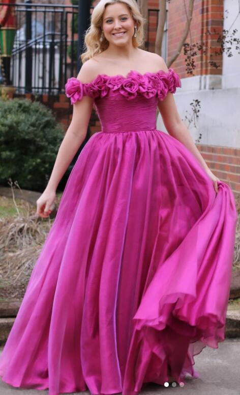 Off the Shoulder Tulle Long Prom Dress with Flowers Neck