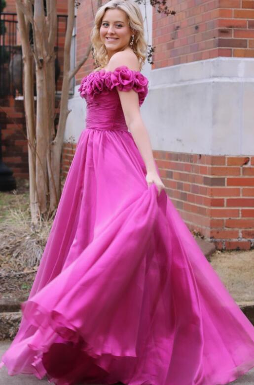 Off the Shoulder Tulle Long Prom Dress with Flowers Neck