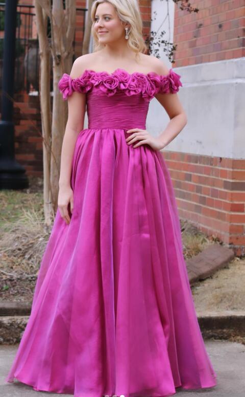 Off the Shoulder Tulle Long Prom Dress with Flowers Neck