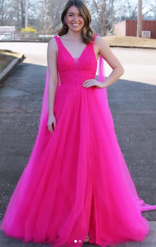 V-neck Tulle Long Prom Dress