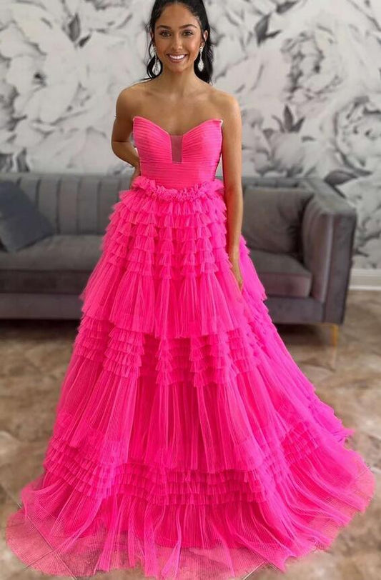 Strapless Tulle Ball Gown Long Prom Dress with Ruffle Skirt