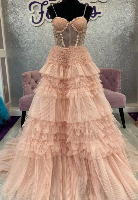 Straps Tulle Ball Gown Long Prom Dress with Ruffle Skirt
