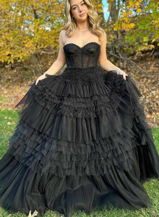 Strapless Tulle Ball Gown Long Prom Dress with Ruffle Skirt