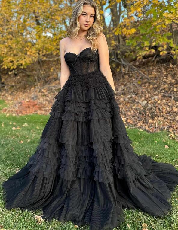 Strapless Tulle Ball Gown Long Prom Dress with Ruffle Skirt