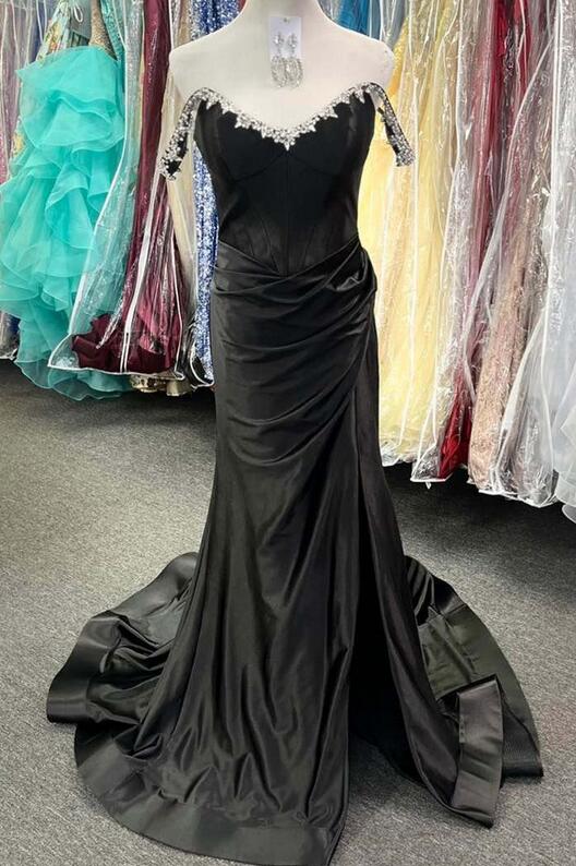 Off the Shoulder Long Prom Dresses with Beaded Neck