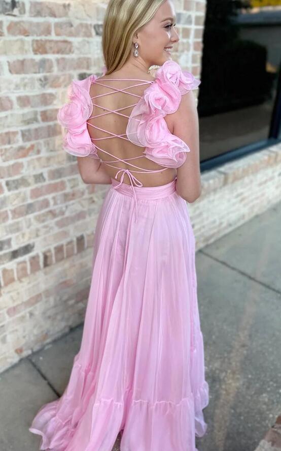 Ruffle Shoulder Plunging V Neck A-line Lace-Up Long Prom Dress