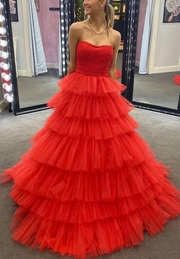 Strapless Ball Gown Tulle Prom Dresses Long with Ruffle Skirt