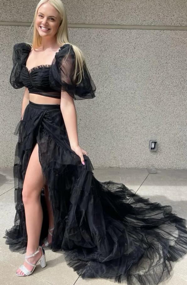 Two Pieces Long Prom Dress with Balloon Sleeves and Ruffle Skirt