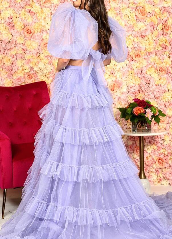 Two Pieces Long Prom Dress with Balloon Sleeves and Ruffle Skirt