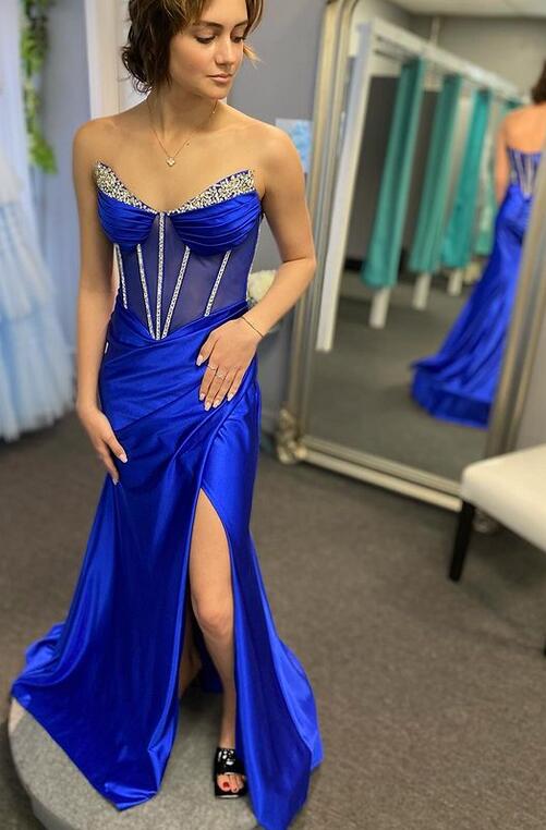 Strapless Mermaid Long Prom Dress with Beading and Slit