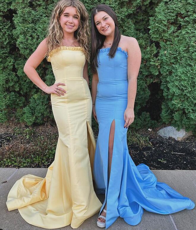 Strapless Fitted Long Prom Dress with Ruffle Trim on Neckline and Skirt Slit