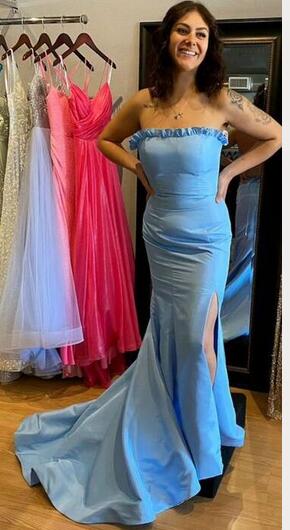 Strapless Fitted Long Prom Dress with Ruffle Trim on Neckline and Skirt Slit