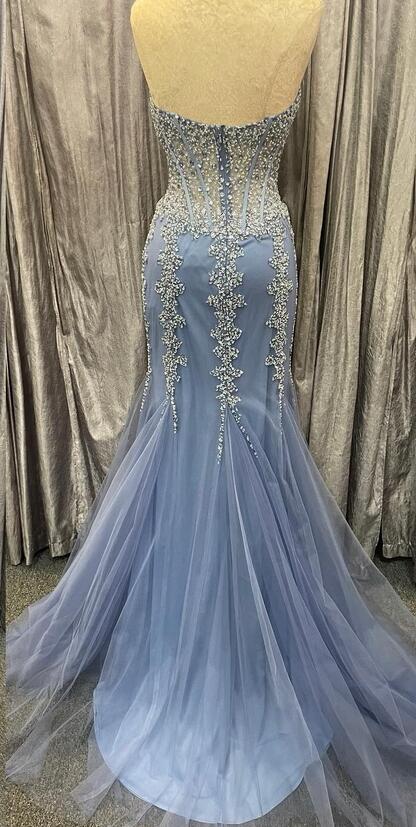 Strapless Mermaid Tulle Long Prom Dress with Beading