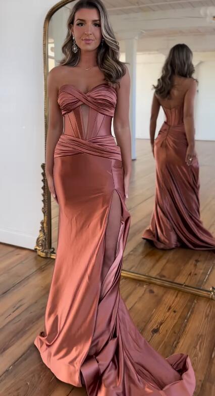 Strapless Sweetheart Satin Long Prom Dress with Slit