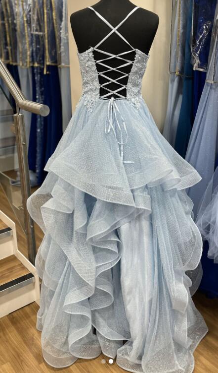 Straps V-neck Ball Gown Long Prom Dress with Lace Bodice