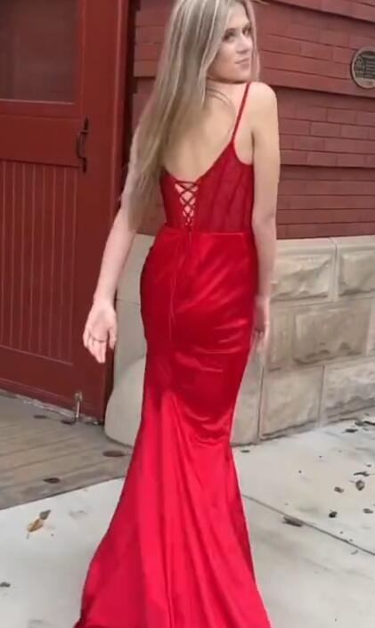 Straps Red Mermaid Long Prom Dress with Slit