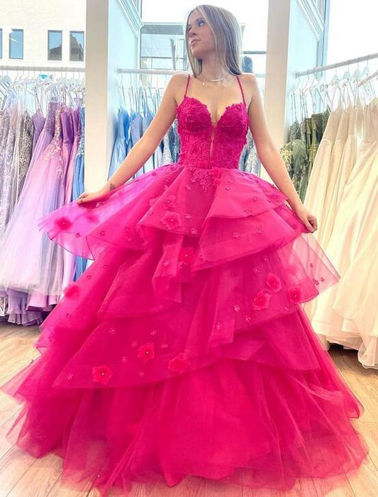 Straps Ball Gown Long Prom Dress with Ruffle Skirt