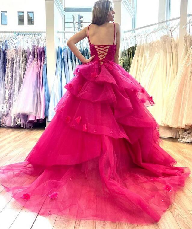 Straps Ball Gown Long Prom Dress with Ruffle Skirt