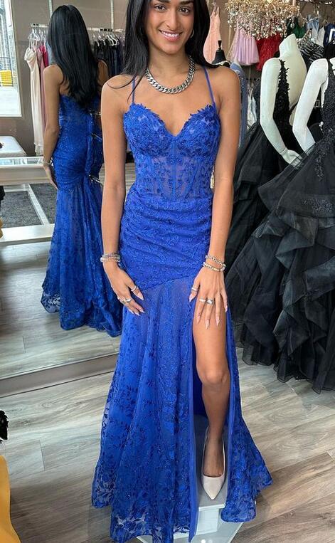 Straps Royal Blue Lace Mermaid Long Prom Dress