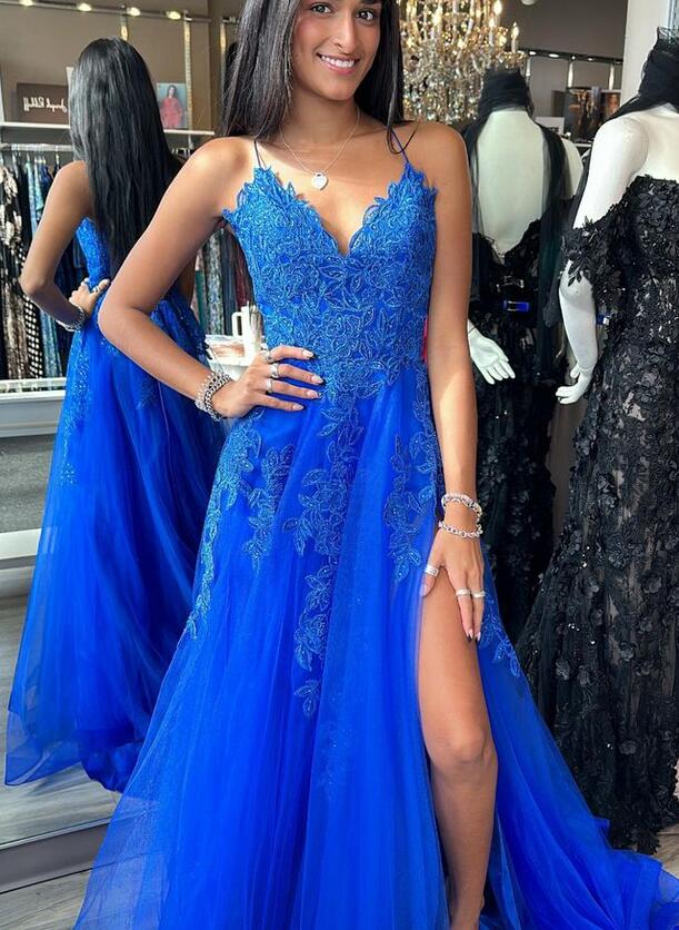 Royal Blue Tulle/Lace Long Prom Dress with Slit