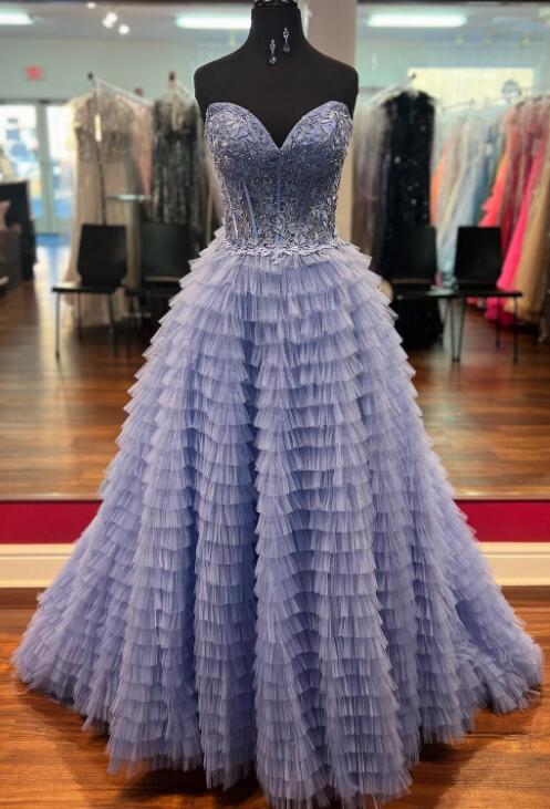 Strapless Ball Gown Prom Dress with Sheer Lace Corset Bodice and Ruffle Skirt