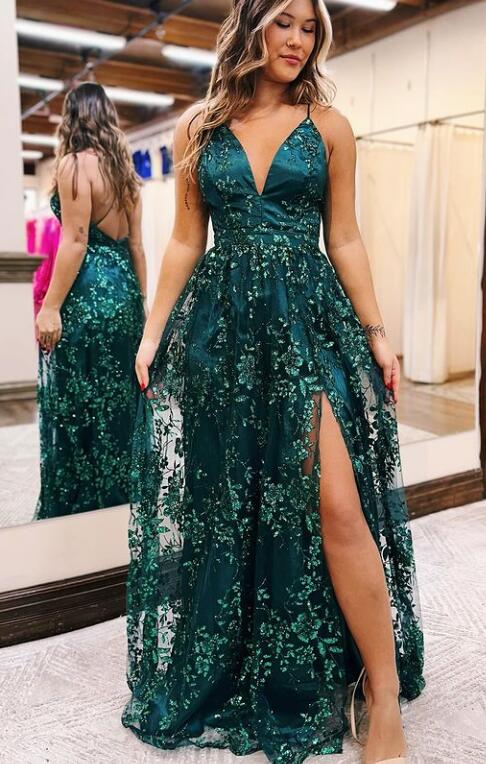 Straps Sparkly Lace Long Prom Dress with Slit