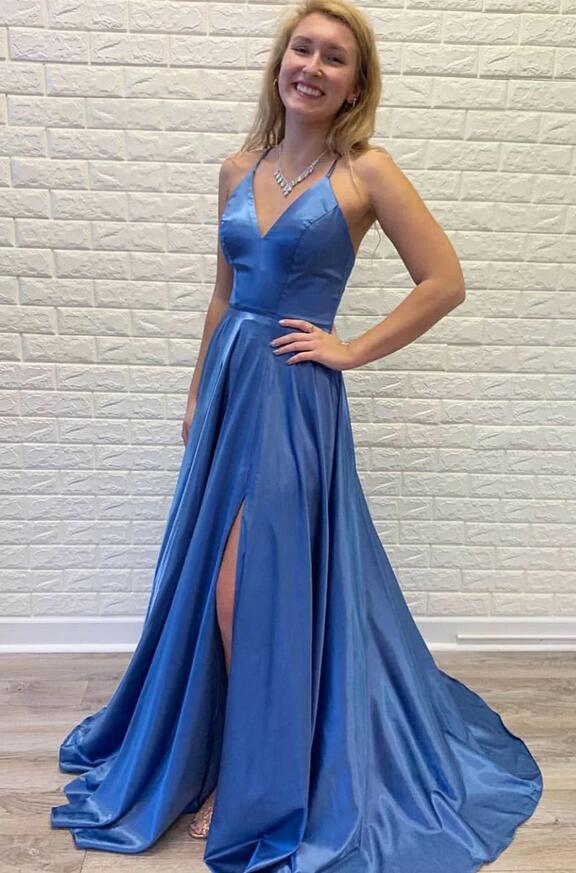 Straps V-neck Satin Long Prom Dress with Slit