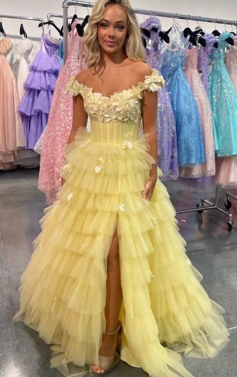 Off the Shoulder 3D Floral Tulle Ballgown Long Prom Dress with Ruffle Skirt