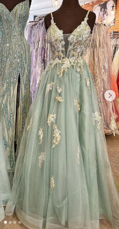 Straps Tulle A-line Long Prom Dress with Appliques