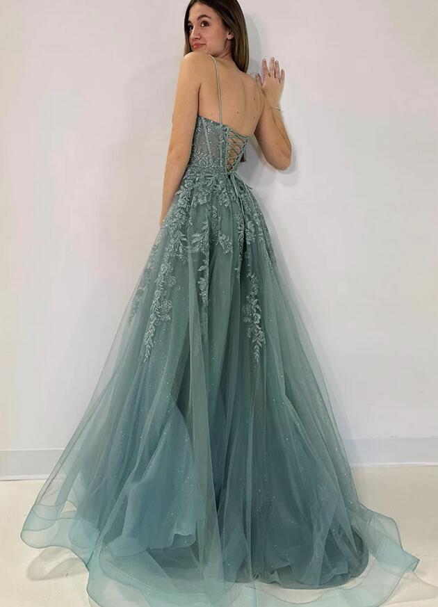 Straps Sparkly Tulle/Lace Long Prom Dress with Slit