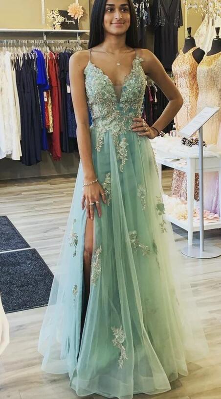 Straps V-neck Tulle A-line Long Prom Dress with Appliques