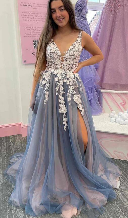 V-neck Tulle A-line Long Prom Dress with Appliques
