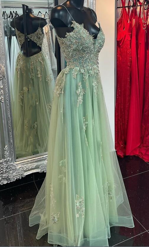 Straps V-neck Tulle A-line Long Prom Dress with Appliques