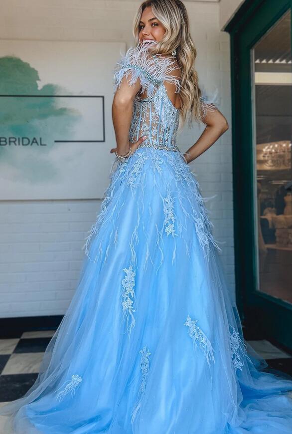 Straps Tulle/Lace Long Prom Dress with Feather and Sheer Corset Bodice