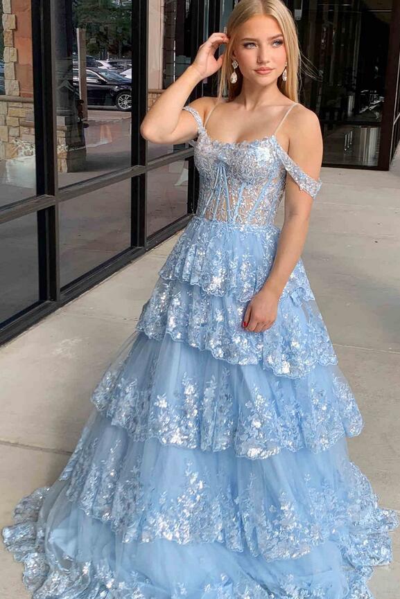 Ruffle Sequin Tulle Long Prom Dress with Sheer Corset Bodice