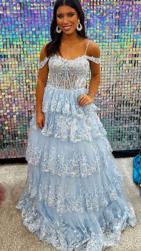 Ruffle Sequin Tulle Long Prom Dress with Sheer Corset Bodice