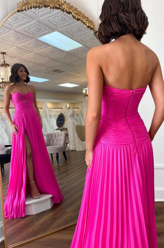 Strapless Pleated Long Prom Dress with Keyhole