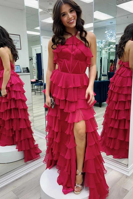 Halter Ruffle Tiered Prom Dress with Slit